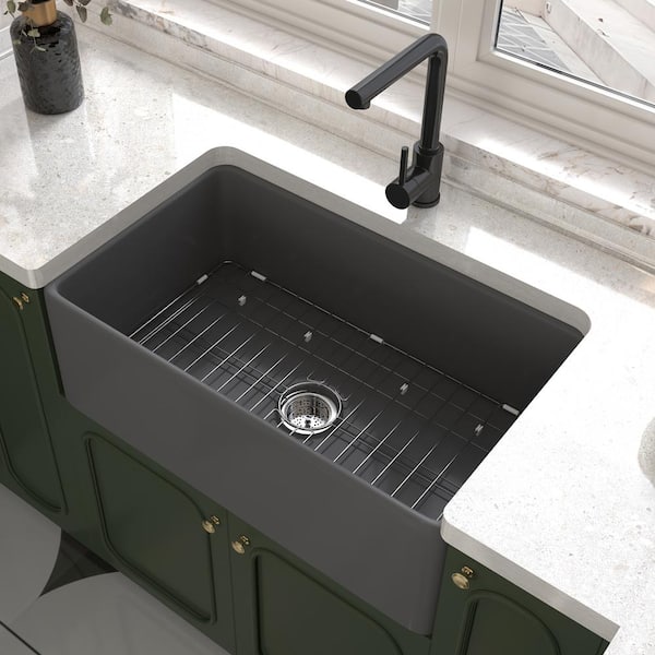Kuomih Grey Fireclay 30 in. Single Bowl Corner Farmhouse Kitchen Sink with Bottom Grid and Basket Strainer