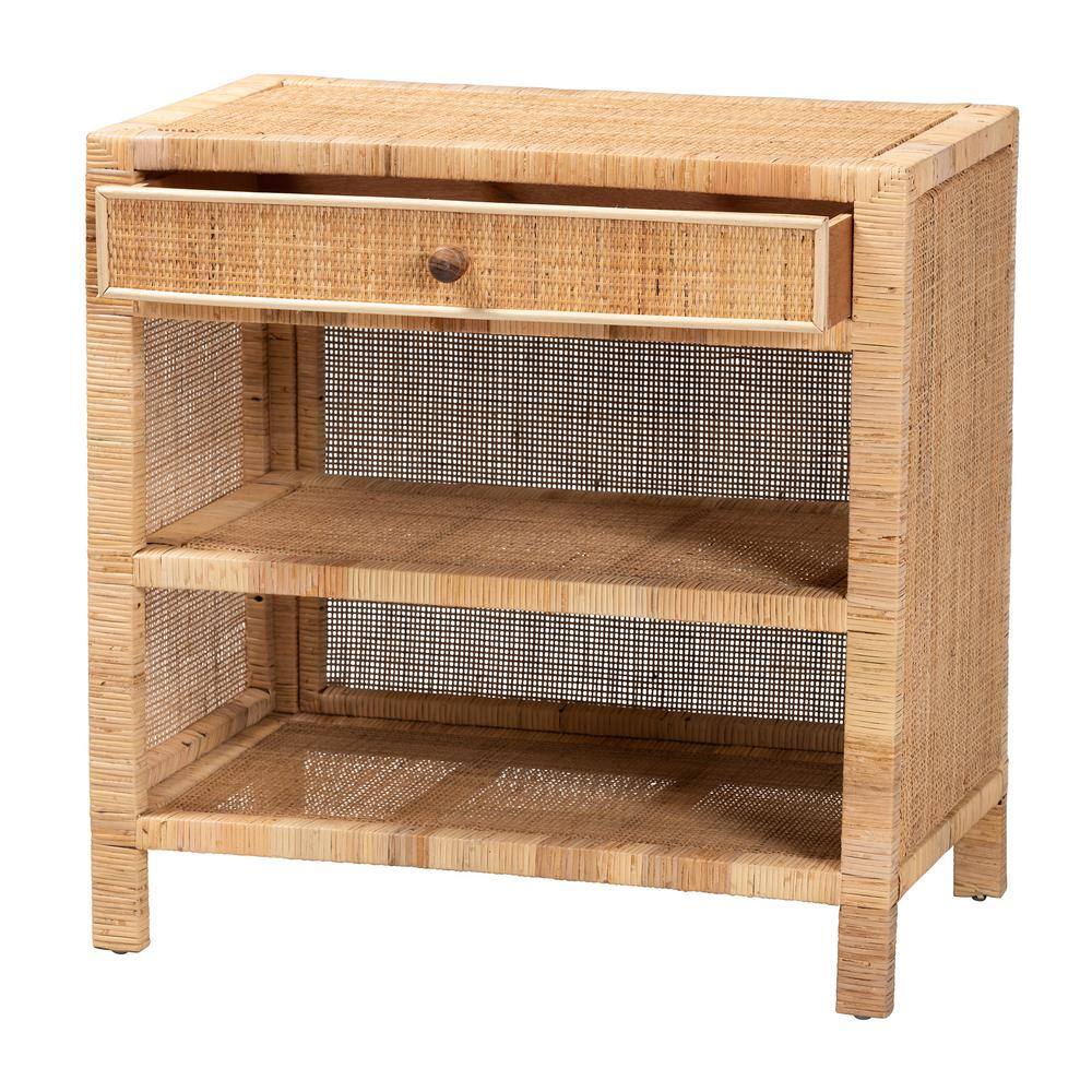 Bella Natural Brown Mahogany Wood and Rattan 1-Drawer Console Table
