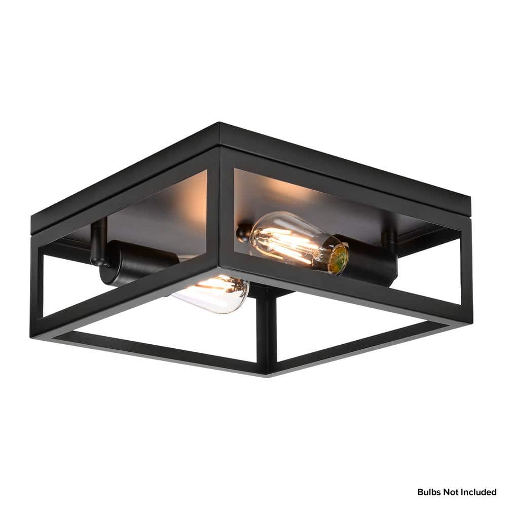 Matte Black Square 2-Light Indoor/Outdoor Flush Mount Ceiling Fixture