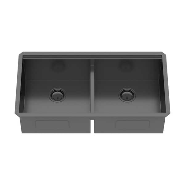 36 in. Undermount Double Bowl (50/50) 16 Gauge Gunmetal Black Stainless Steel Kitchen Sink with Cutting Board, Colander