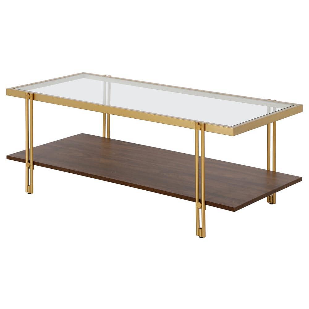 Brass & Walnut Rectangular Coffee Table with Glass Top & Storage Shelf