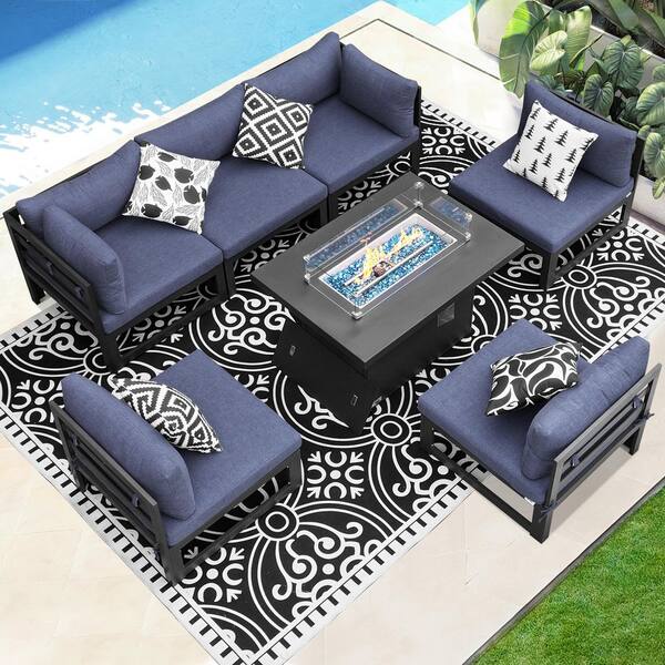 Unbranded Luxury Gray 7-Piece Aluminum Patio Conversation Deep Seating Set with 55,000 BTU Fire Pit Table and Denim Blue Cushions