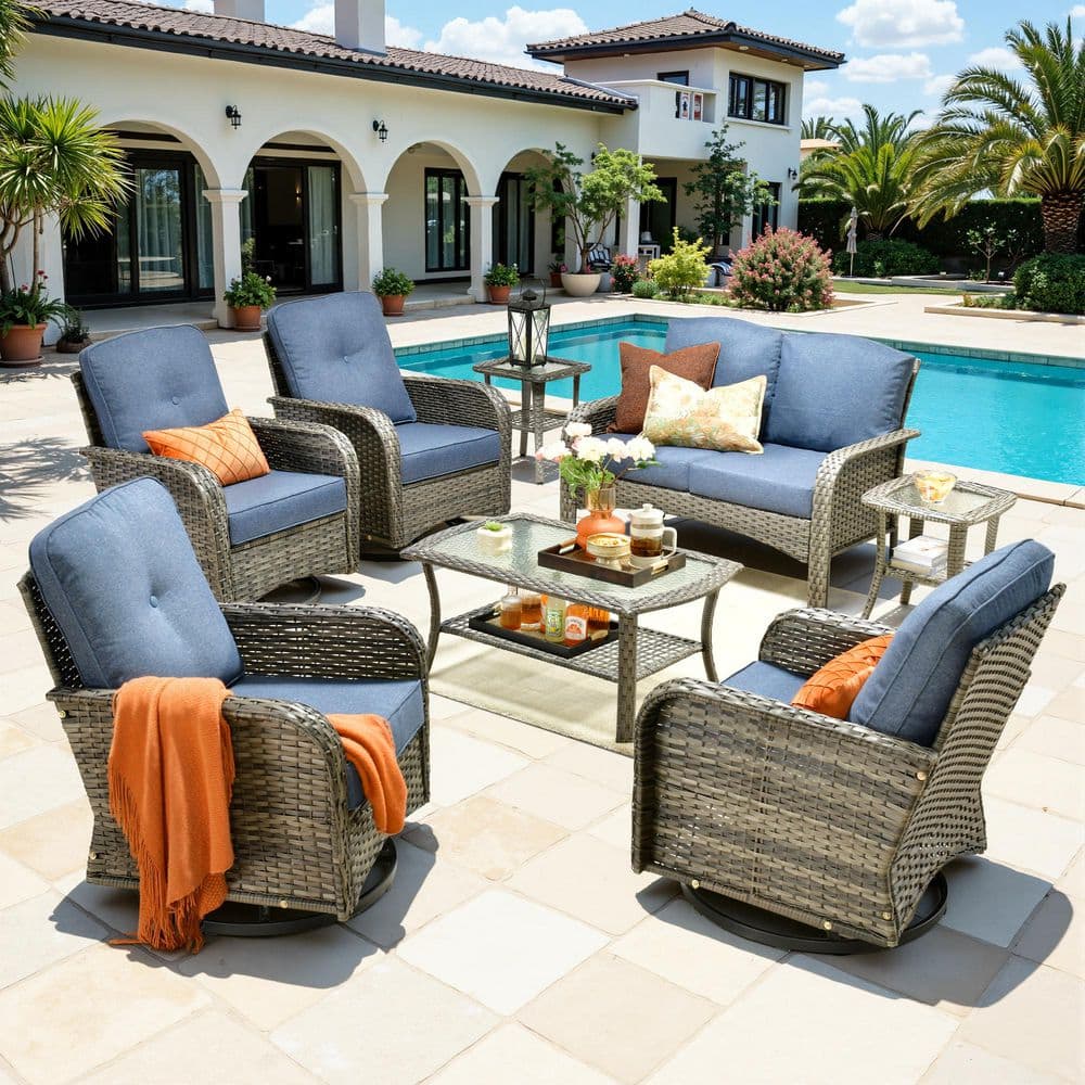 Lily A Gray 8-Piece Wicker Outdoor Patio Conversation Set with Swivel Rocking Chairs and Denim Blue Cushion price history on PriceWatchPro