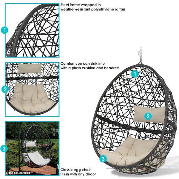 Caroline Resin Wicker Outdoor Hanging Egg Patio Lounge Chair with Beige Cushions