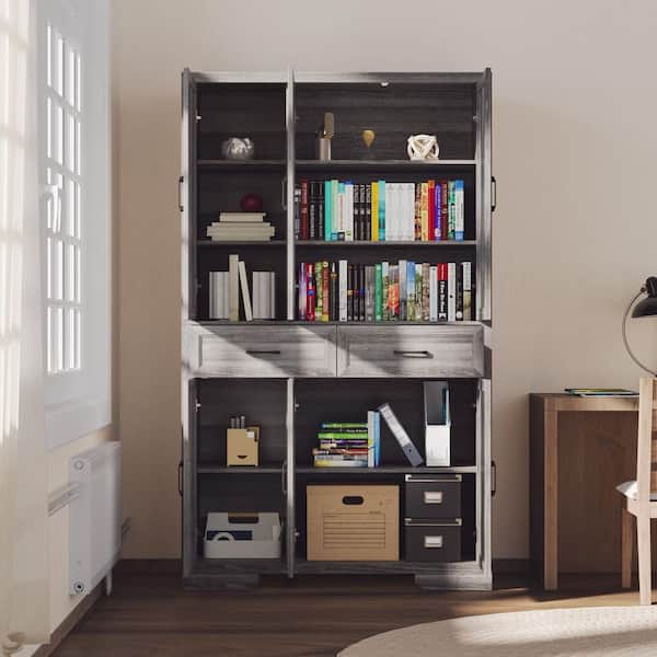 78.7 in. Tall Gray Oak Wood 10-Shelf Accent Bookcase with Cabinet Doors, 2-Drawers and Anti-Tip Kit