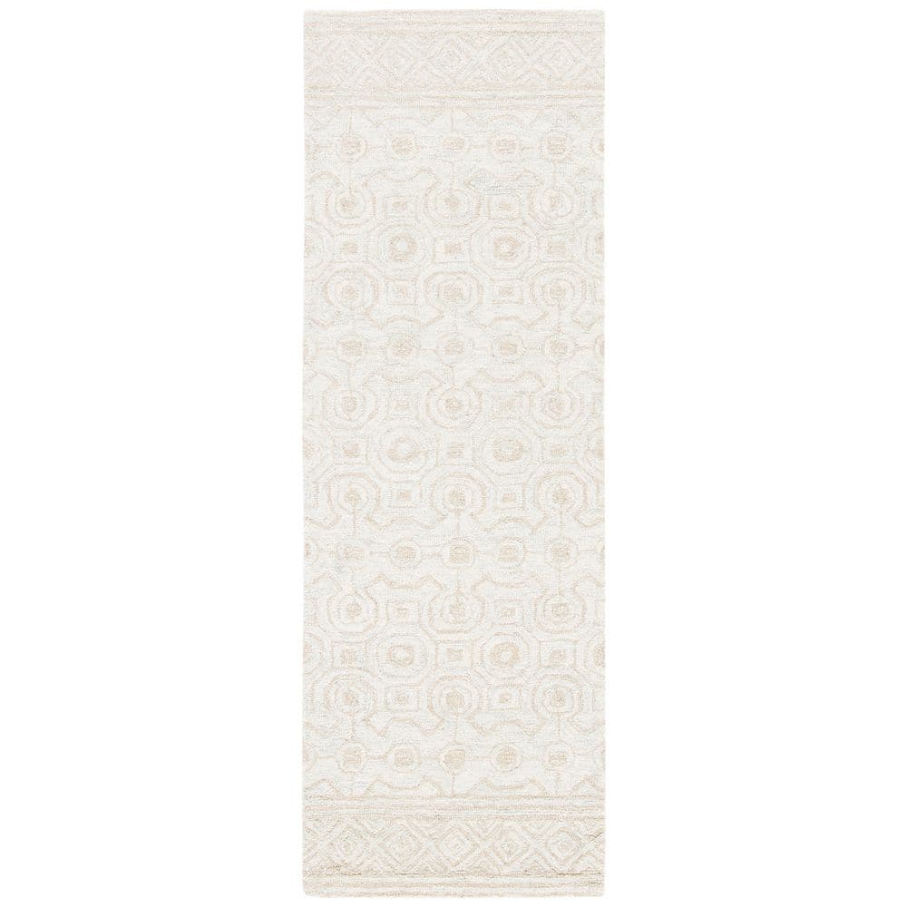 Ivory and Light Green Hand-Tufted Wool Geometric Runner Rug