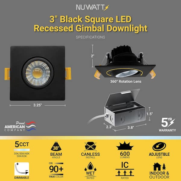 3 in. Black Square Eyeball Gimbal Canless Integrated LED Recessed Light Kit 5 CCT 2700K-5000K New Construction (4-Pack)