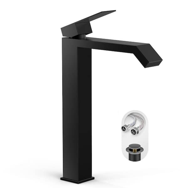 Single Handle Tall Bathroom Sink Faucet, Matte Black Single Hole Waterfall Vessel Sink Faucet with Metal Pop Up Drain