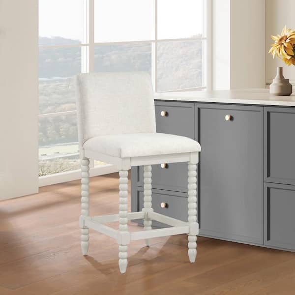 OSP Home Furnishings Kaylee 26 in. Linen Fabric Spindle Counter Stool and Antique White Frame
