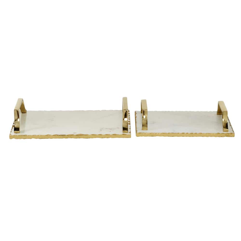 Gold and White Ceramic Rectangular Tray Set with Metal Handles
