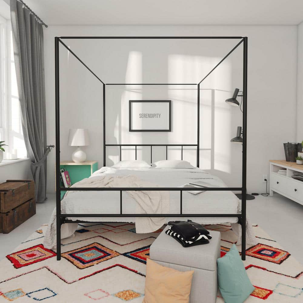 Marion Black Metal Queen Canopy Platform Bed with Headboard