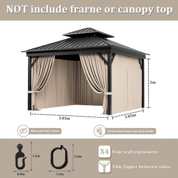 10 ft. x 10 ft. Universal Outdoor Privacy Curtains, Gazebo Curtain Replacement with Zipper Khaki (4-Side Curtain Only)