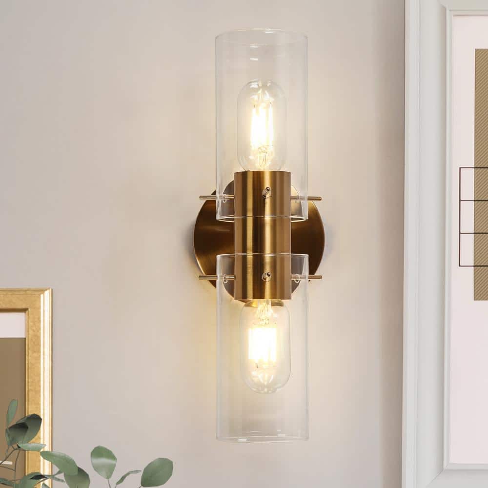 Modern 13.4 in. 2-Light Plated Brass Wall Sconce with Cylinder Clear Glass Shades for Bedroom Foyer Bathroom Living Room price history on PriceWatchPro