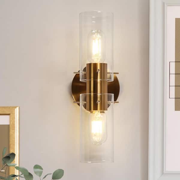 LNC Modern 13.4 in. 2-Light Plated Brass Wall Sconce with Cylinder Clear Glass Shades for Bedroom Foyer Bathroom Living Room
