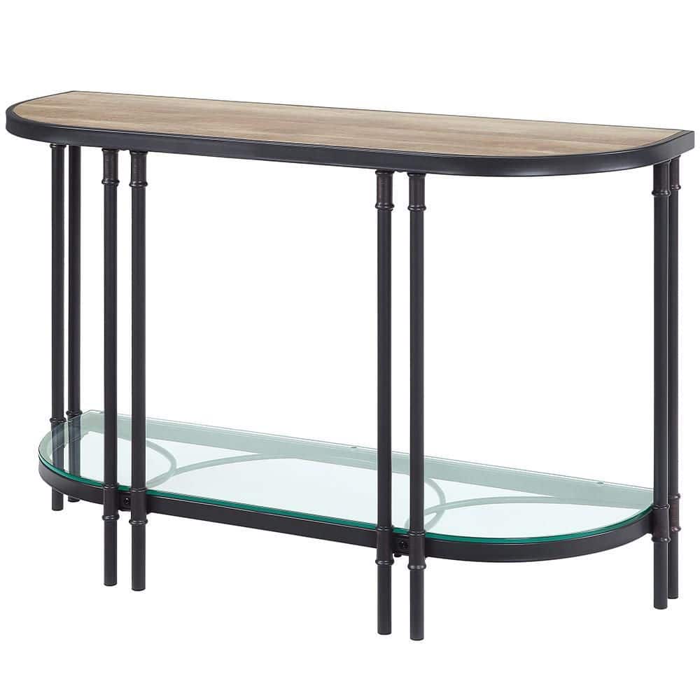 Oak Wood Grain & Sandy Black Metal Demilune Console Table with Glass Shelf