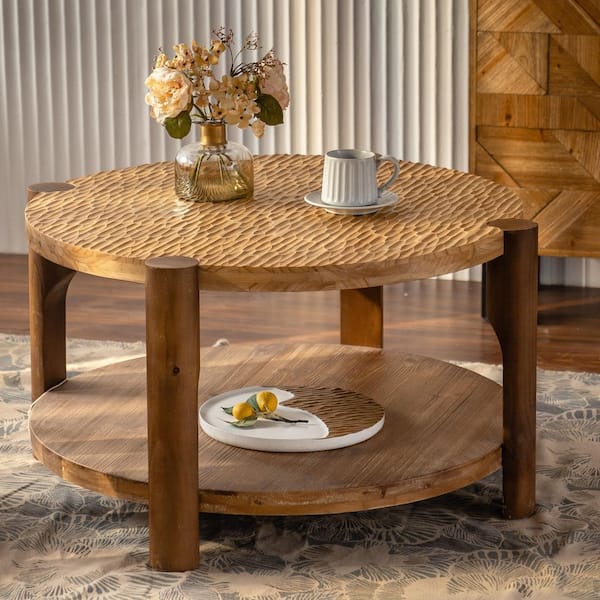 35in. Brown Round Solid Wood Coffee Table, Mid-Century Modern 2-Tier Living Room Table with Storage Shelf