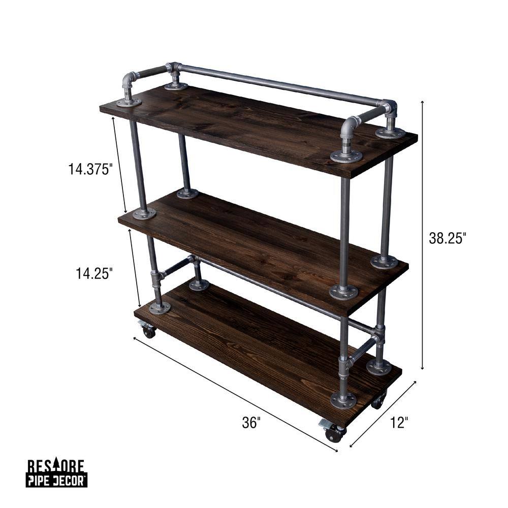 Industrial Black Wood and Steel 3-Tier Bar Cart with Wheels