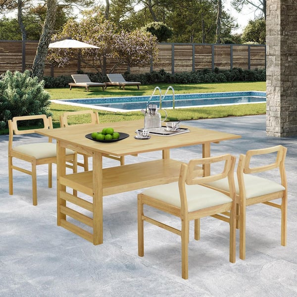 Tenleaf 5-Piece Wood Outdoor Dining Set with Beige Cushions, Extendable Tabletop, Storage Shelf