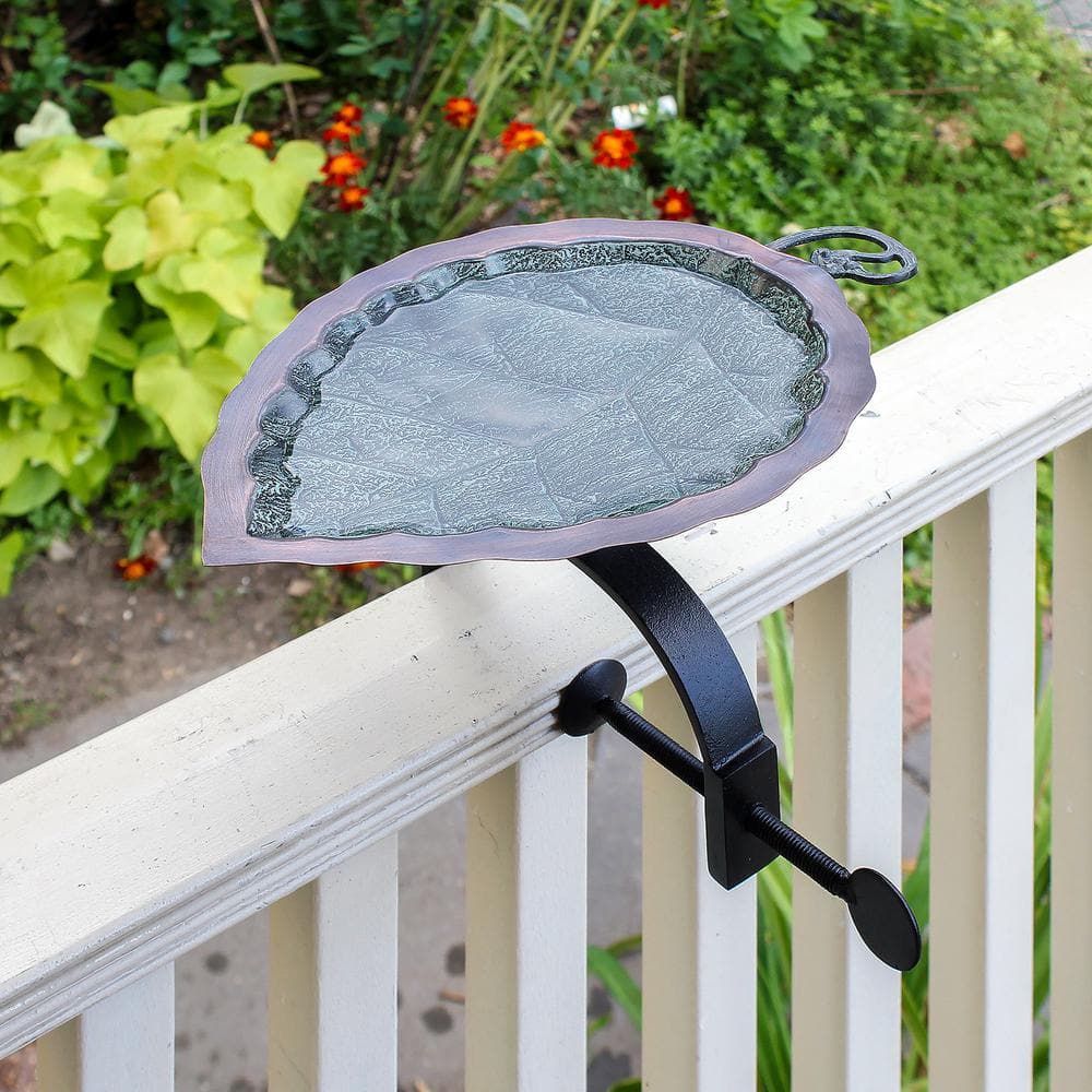 Aspen Leaf Verdigris Metal Birdbath with Rail Bracket