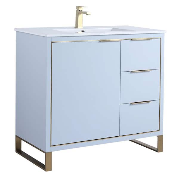 FINE FIXTURES Opulence 36 in. W x 18 in. D x 33.5 in H. Bath Vanity in Patel Blue with White Ceramic single sink Top