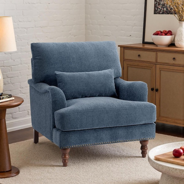 Navy Blue Flared Arm Chenille Arm Chair with wood Legs (Set of 1)