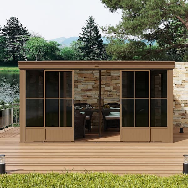 12 ft. x 14 ft. Galvanized Steel Wall Mounted Sunroom Solarium With Detachable PVC Screen, Lockable Sliding Doors