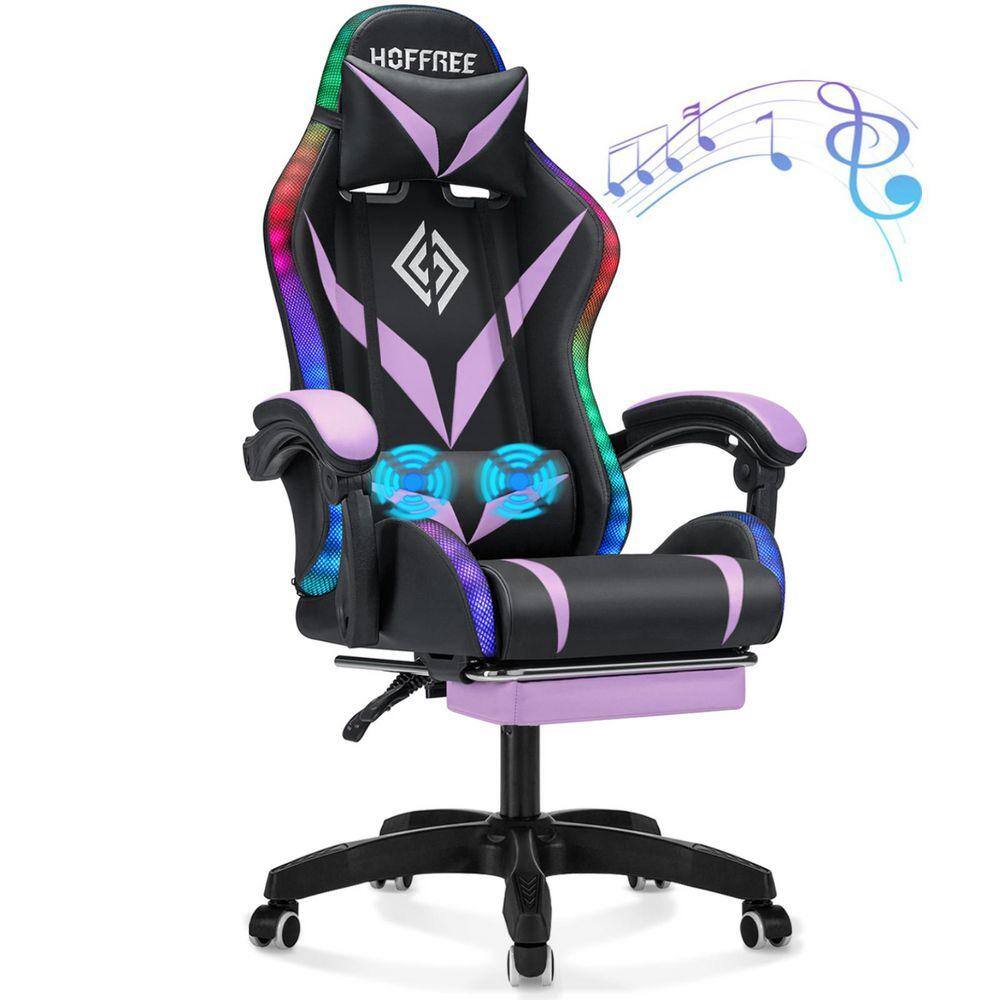 Faxu Leather Bluetooth Speakers Massage LED Reclining Ergonomic Gaming Chair in Purple with Footrest