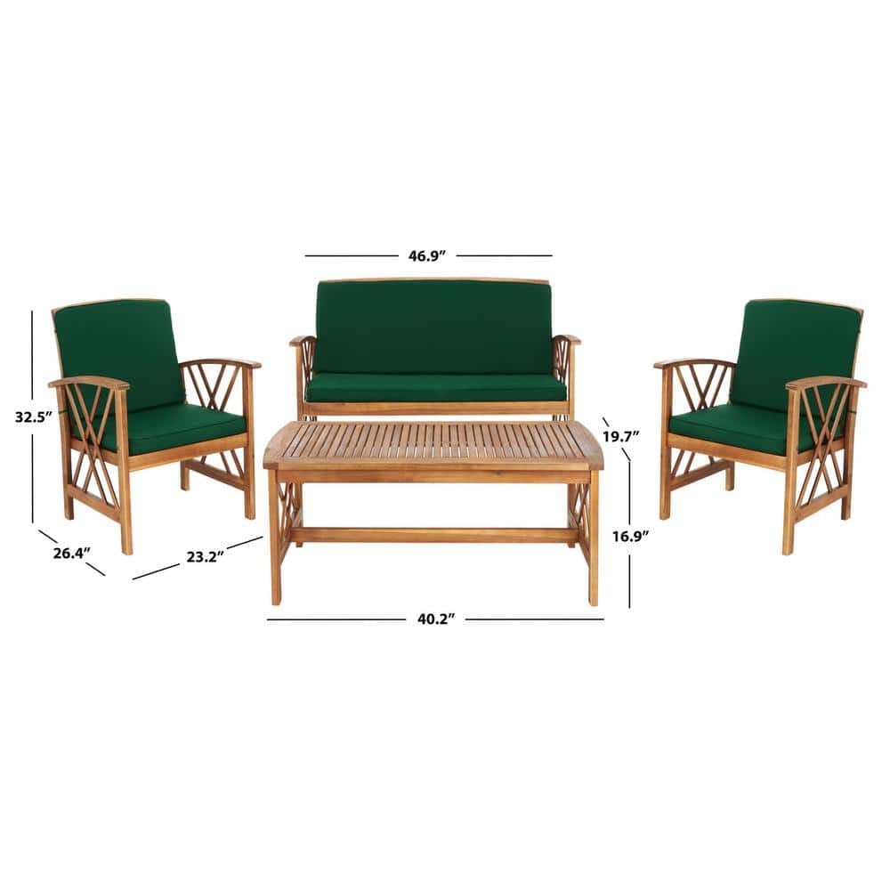 Fontana Natural Acacia Wood 4-Piece Patio Set with Green Cushions