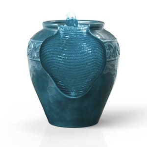 16.93 in. Teal Outdoor Glazed Urn Pot Floor Water Fountain with LED light