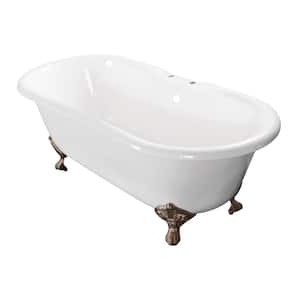 60 in. Cast Iron Double Ended Clawfoot Bathtub in White with 7 in. Deck Holes, Feet in Brushed Nickel