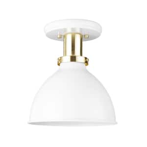Pearl 9 in. 1-Light Matte White Semi-Flush Mount Ceiling Light with Matte Gold Accent