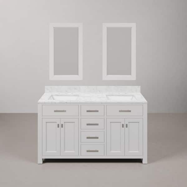 Madison 60 in. W x 21.5 in. D x 34 in. H Double Sink Bath Vanity in Pure White with Carrara White Marble Top and Mirrors