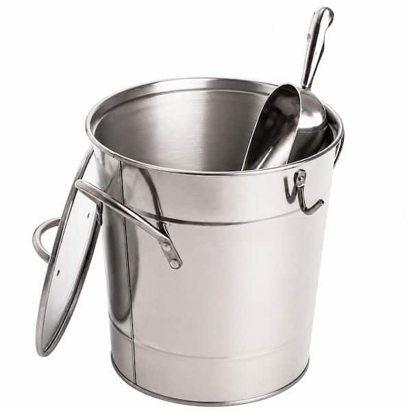 4 Liter Silver Metal 1 Bottle Ice Bucket with Scoop, Lid and Carry Handles for Parties and Wine Chilling