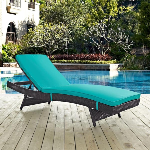 Convene Wicker Outdoor Patio Chaise Lounge in Espresso with Turquoise Cushions