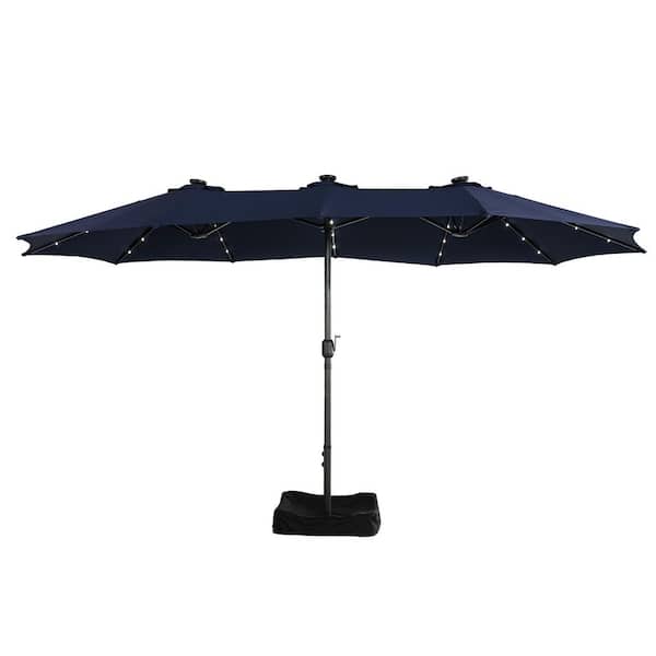 Mondawe 15 ft. Patio Market Umbrella Double-Sided Outdoor Patio Umbrella,UV Protection with Base and Solar LED Lights in Navy