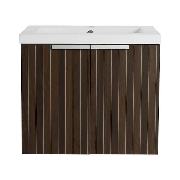 23.6 in. W x 18.1 in. D x 20.5 in. H Wall-Mounted Bath Vanity in Brown Stripe with White Resin Top