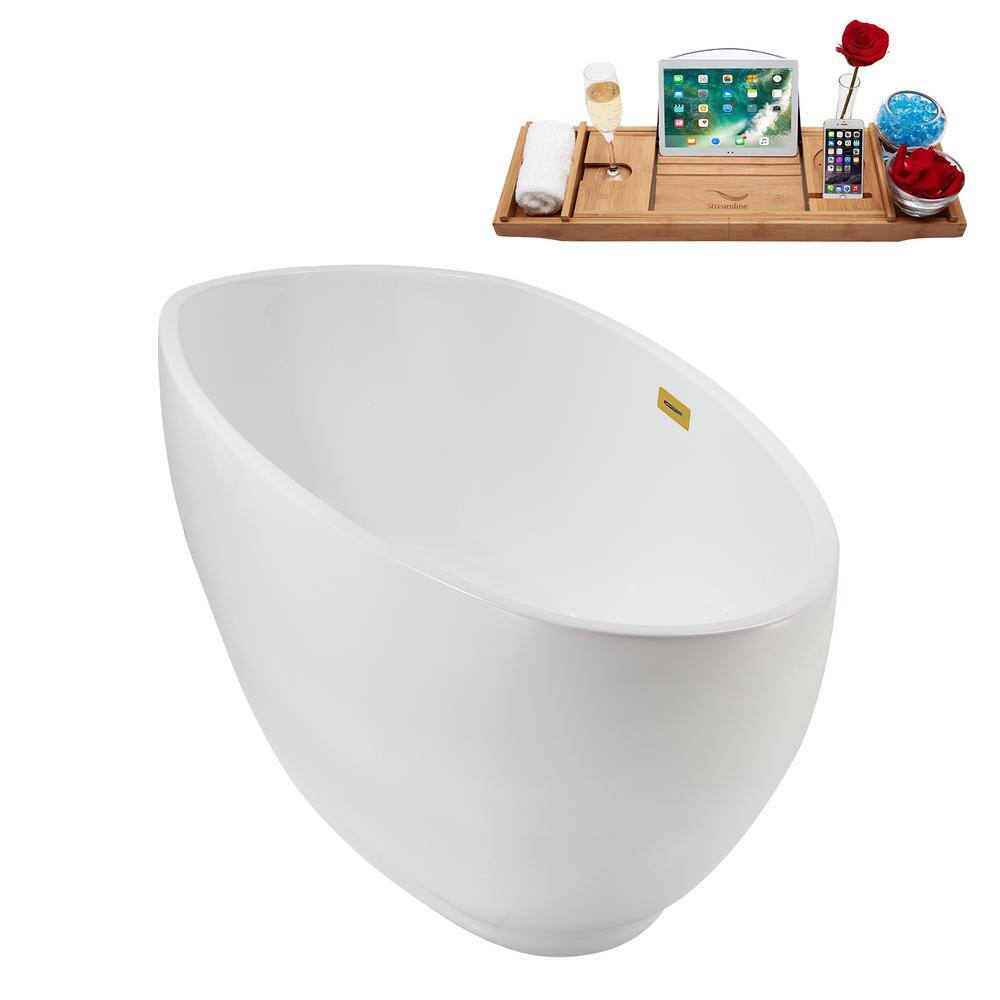 67" Glossy White Acrylic Freestanding Soaking Bathtub with Polished Gold Trim