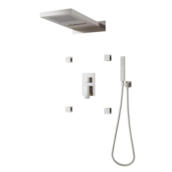 4-Jet Rectangular Wall Mount Shower System with With Handheld and Body Spray Thermostatic Massage Jets in Brushed Nickel