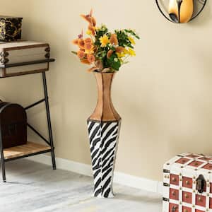 26 in. White Striped and Brown Metal Floor Vase Centerpiece Home Decor for Dried Flower Artificial Floral Arrangements