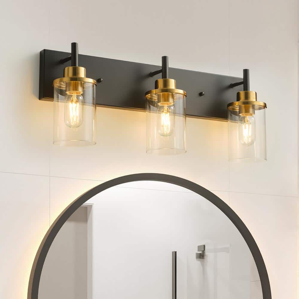 23.62 in. 3-Light Black and Gold Modern Industrial Bathroom Vanity Light wi