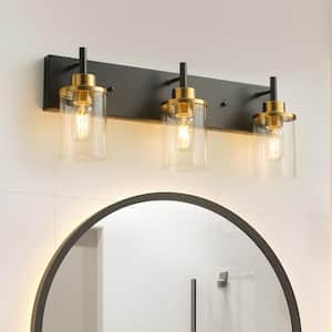 23.62 in. 3-Light Black and Gold Modern Industrial Bathroom Vanity Light with Cylinder Clear Glass Shade