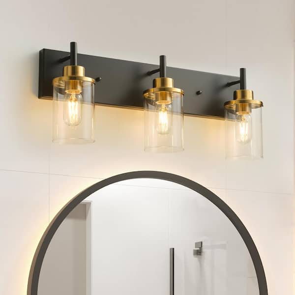GoYeel 23.62 in. 3-Light Black and Gold Modern Industrial Bathroom Vanity Light with Cylinder Clear Glass Shade