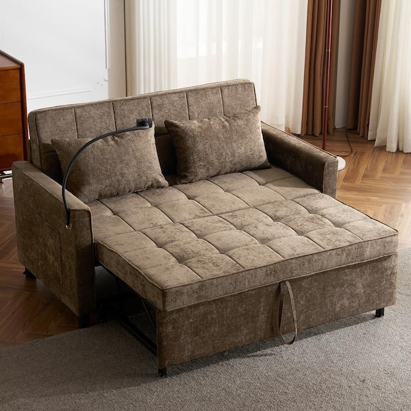 56.9 in. Brown Chenille Fabric Twin Pull-Out Sofa Bed Convertible Loveseat with Side Pockets, USB Ports, Phone Holder
