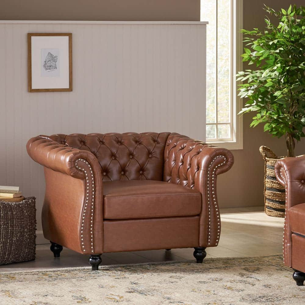 Handcrafted Cognac Brown Faux Leather Club Accent Chair