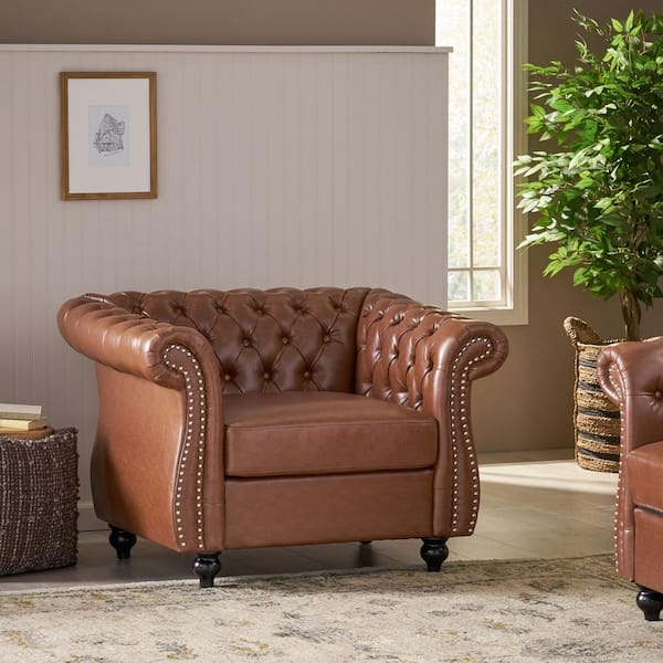 Noble House Silverdale Cognac Brown Faux Leather Club Chair with Nailhead Trim (Set of 1)