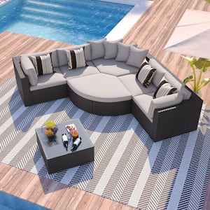 7-Piece Brown Wicker Outdoor Sectional Set Sofa Set with Gray Cushions, Pillows and Coffee Table