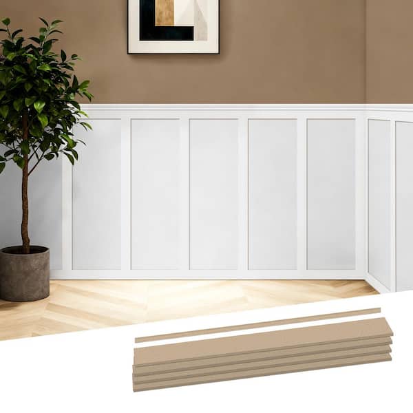 0.35 in.D x 3 in.W x 47.2 in.L Paintable Unfinished MDF Wainscoting Kit, Chair Rail Moulding with Edge Strip, 24-Piece