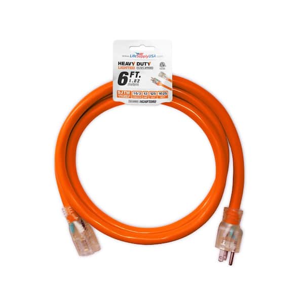LifeSupplyUSA 6 ft. 16/3 SJTW 13 Amp 125-Volt 1625-Watt Orange Indoor/Outdoor Heavy-Duty with Lighted End Extension Cord