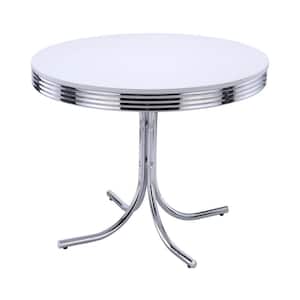 Retro Glossy White and Chrome Wood Top Round Pedestal Dining Table Seats 4