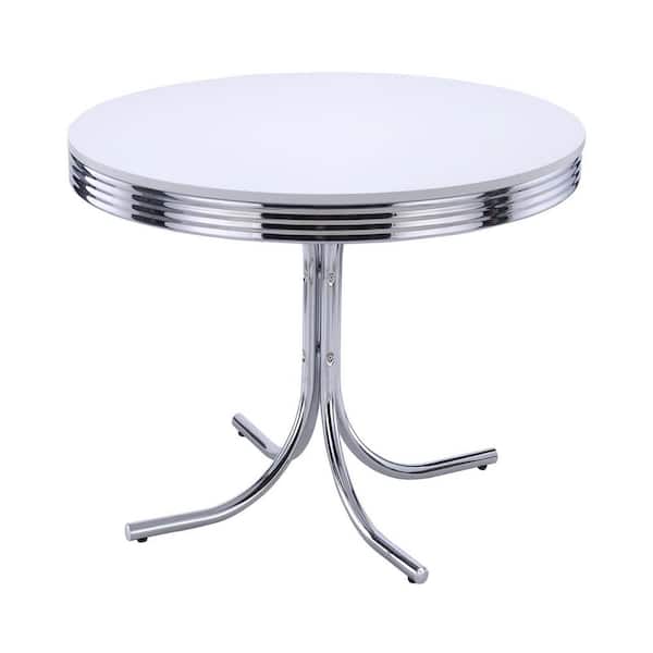 Coaster Retro Glossy White and Chrome Wood Top Round Pedestal Dining Table Seats 4